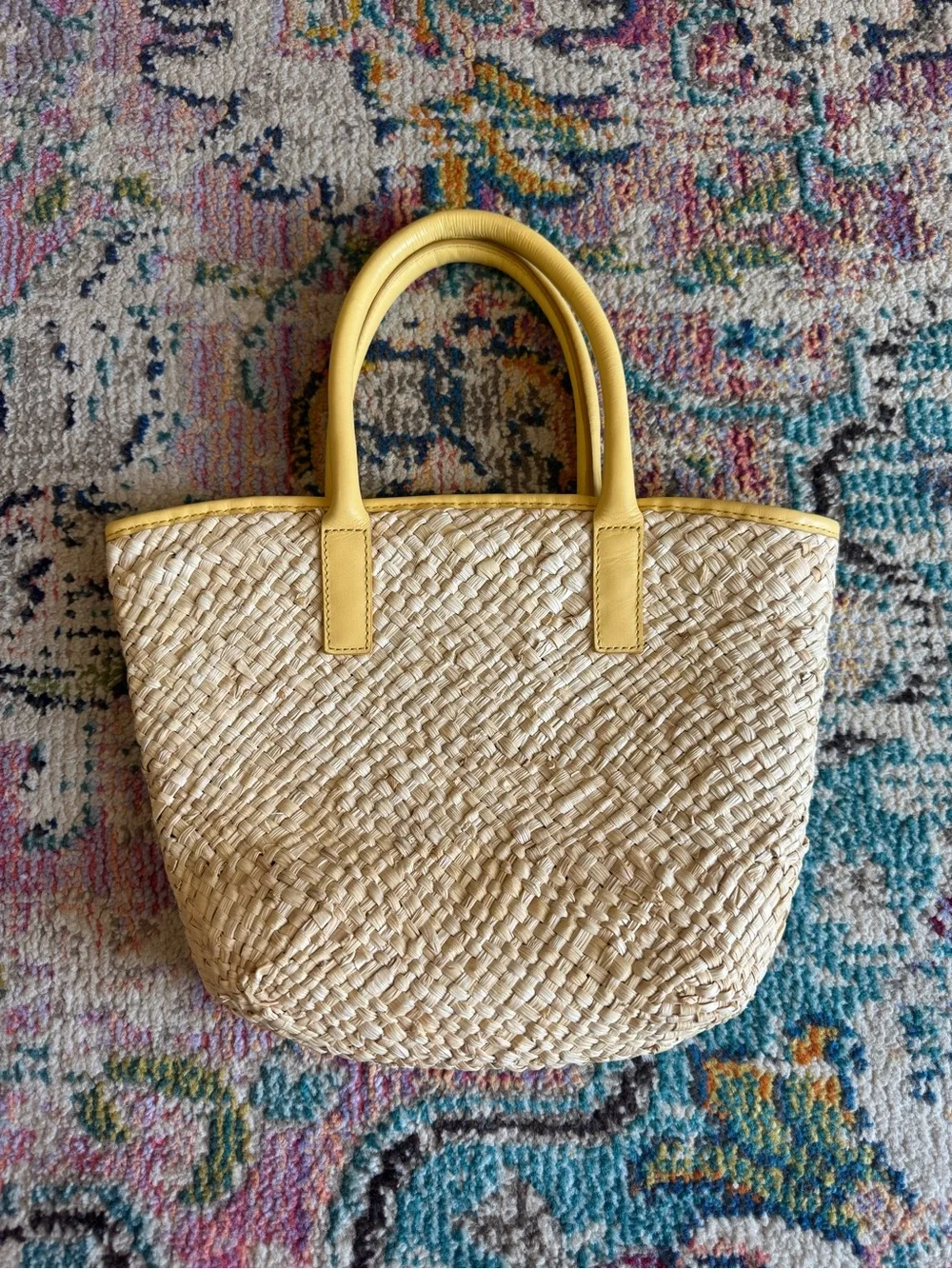 J. Crew Natural Woven Straw Mini-Tote with Yellow Leather Trim